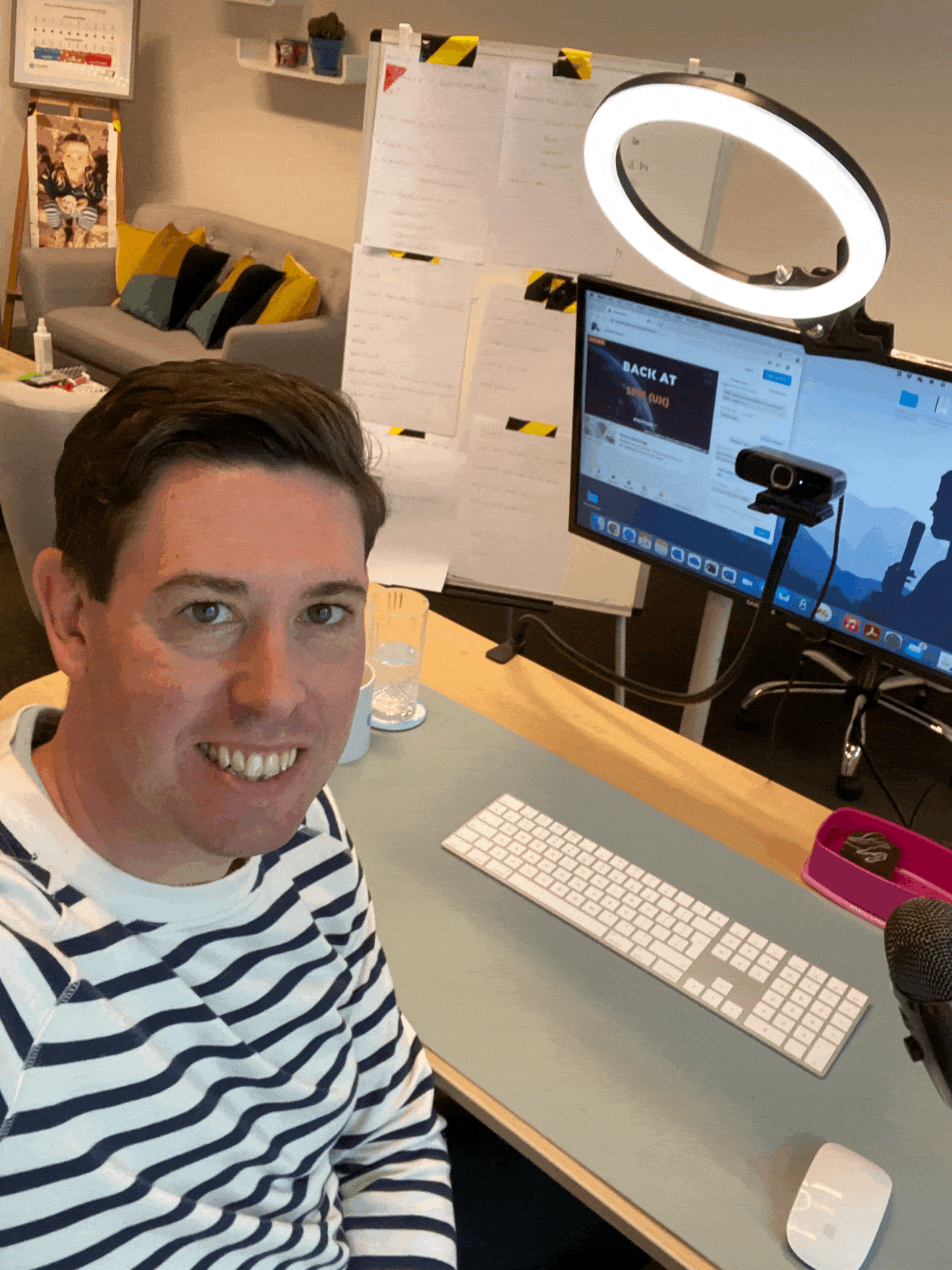 James working from home at his desk space broadcasting to clients and partners all over the country and abroad.