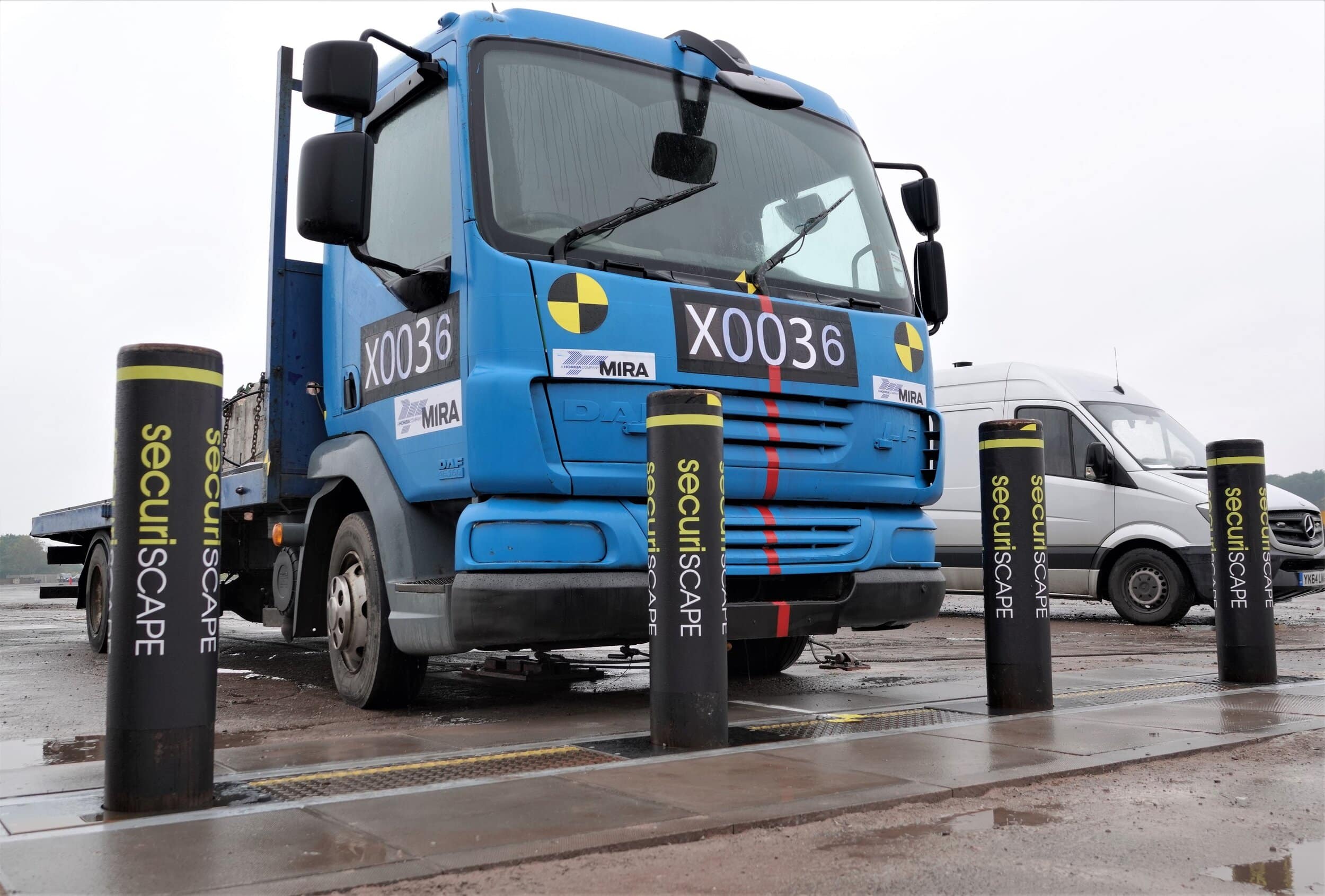 A 7.2 tonne truck was used to test Securiscape Ltd's Glide Bollard HVM system - which later reduced it to a mangled wreck.