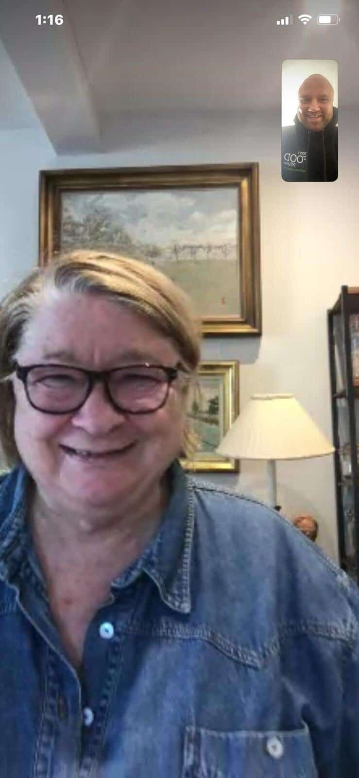 Celebrity chef Rosemary Shrager during a Zoom call with Dom Warren, of Dom's Food Mission. Rosemary helped out delivering food parcels.