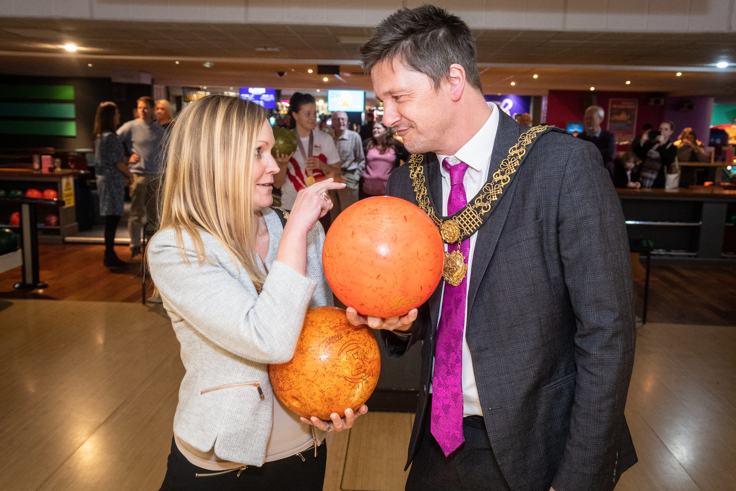 Councillor John Whitby with his wife Juliette during the Mayor v Mayoress charity event at Tenpin Derby. Penguin PR: Public relations, media and communications