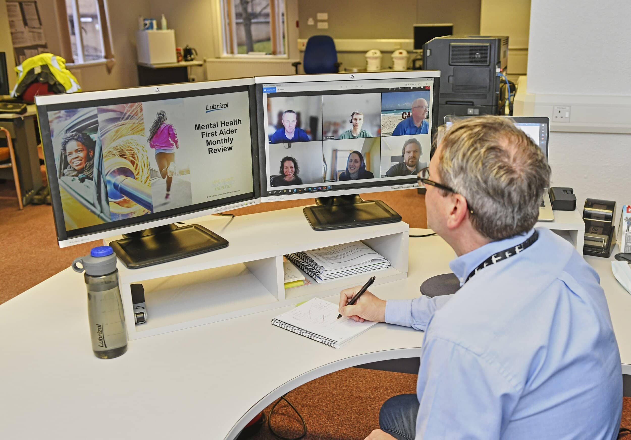 Dave Adams, who is an HSE advisor and one of 18 mental health first-aiders at Lubrizol, based in Hazelwood, Derbyshire, takes part in an online meeting with his fellow mental health first-aiders.