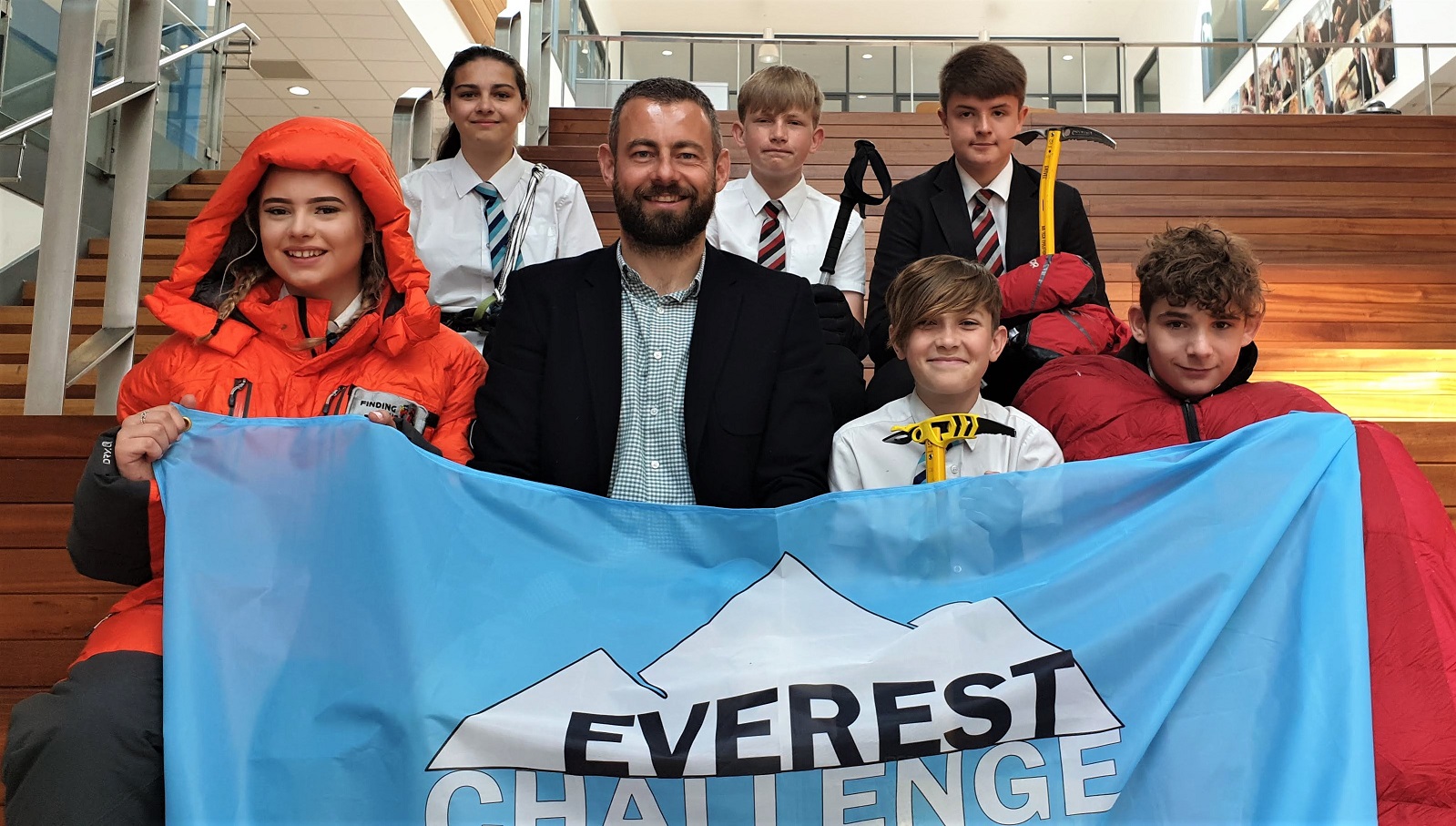 Everest climber Ricky Munday (centre) shared his expertise with Shirebrook Academy students (front row from left) Ellena Keigher, 15, Josh Towers, 14, and Josh Hutton, 14, and (back row) Reanna Davies, 15, Callum Nussey, 14, and Charlie Jones, 13. P…