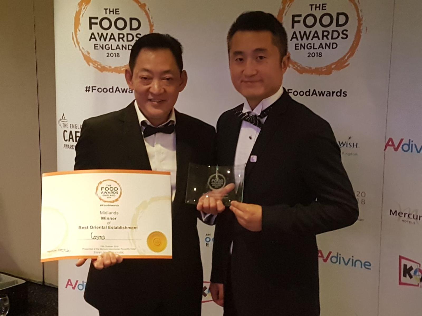 From left, COSMO Derby’s chef Wee Kean Goh and general manager Wells Qi celebrate after the restaurant picked up a second award for Best Oriental Establishment in the Midlands at The Food Awards England at a ceremony in Manchester last night.