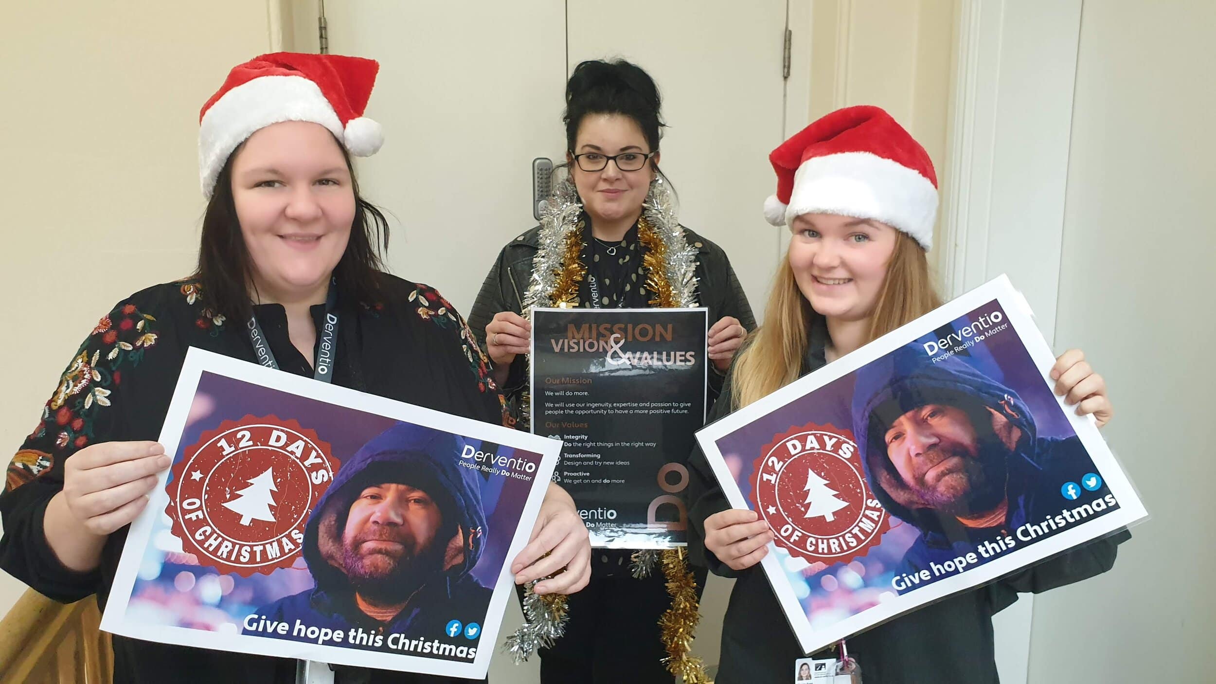 From left, Derventio Housing Trust workers Emily Williams, Ellen Scott and Megan Rose help launch the Trust’s Christmas appeal which is hoping to raise funds for its empowerment fund, which helps homeless people to furnish their homes or get vital d…