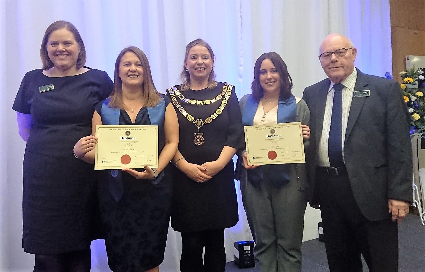 From left, Joanne Hutsby, partner in Gillotts Funeral Directors, Amanda Outram, Abi Pattenden, president of the National Association of Funeral Directors, Danni Allen and Barry Hutsby, partner in Gillotts Funeral Directors. Penguin PR: public relati…