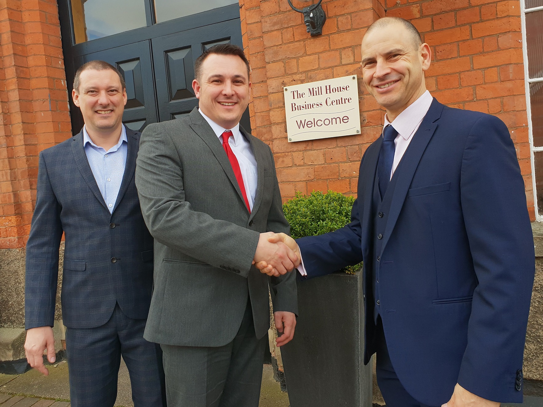 From left, Lee Griffiths and Lee Chiswell, who have opened a new franchise of UK mortgage advisers Finance Advice Centre franchise in Castle Donington, Leicestershire, with Matt Cassar, managing director of the Finance Advice Group. Penguin PR: publ…