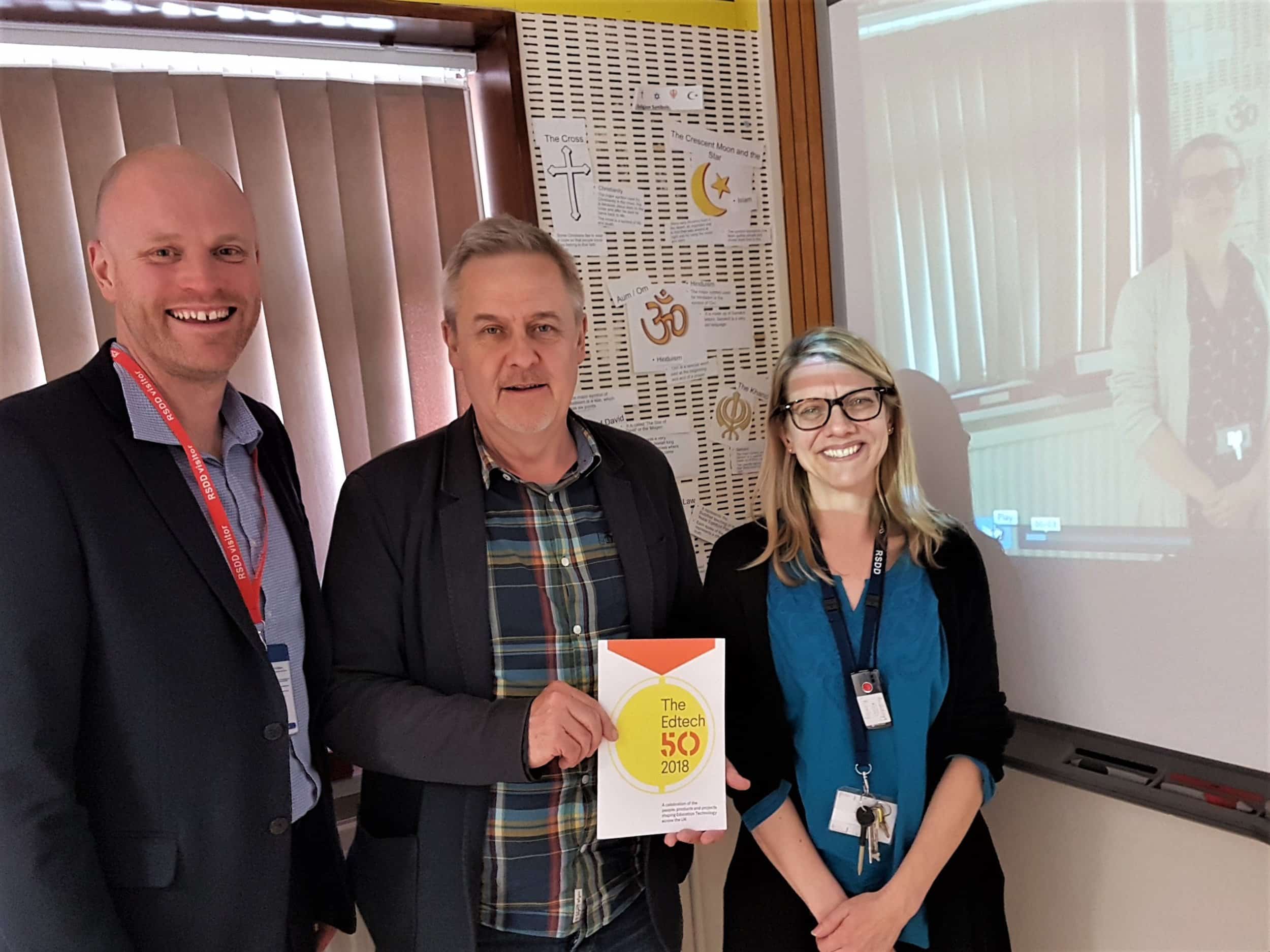 From left, Paul Rose, inventor of YouTeachMe, Ty Goddard, director of EdTechUK and Cathie Birch, a maths teacher at Royal School for the Deaf, who has been using the YouTeachMe system with its students. Penguin PR: public relations, media and commun…