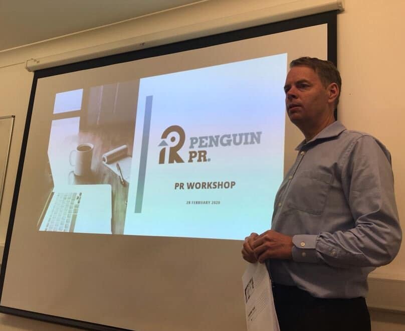 Penguin PR director Simon Burch addresses those gathered for Penguin PR's first PR Workshop.