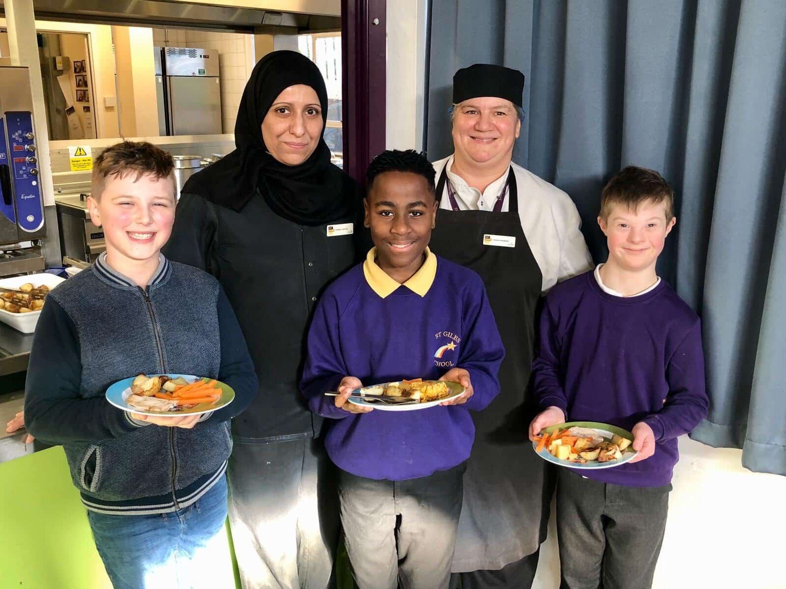 Pupils left to right: Cody Johnson (9) Anselmo Pedro (10) Vincent Turton (11) Catering Team left to right: Kaneez Akhtar- Catering Assistant  Sarah Chambers- Catering Manager