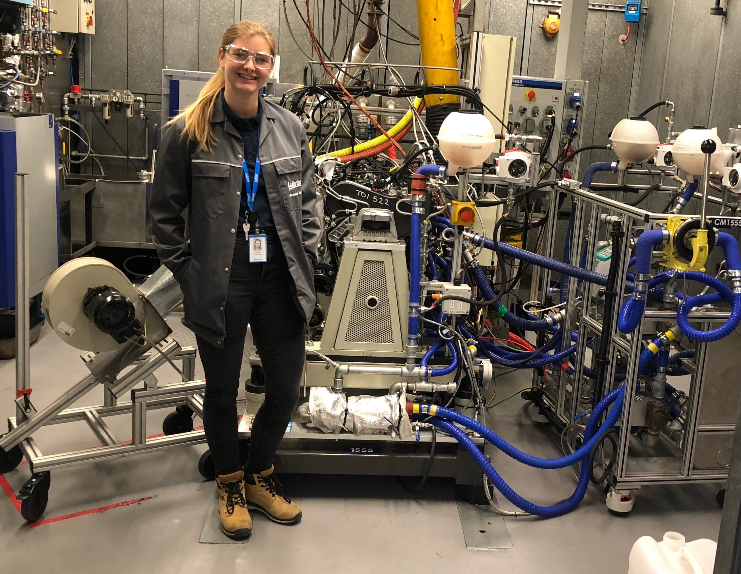 Racheal Vatter, a mechanical engineering placement student in one of Lubrizol’s engine bays, whose ventilation system has been redesigned thanks to a group of Sixth Form students from Heanor Gate Science College.
