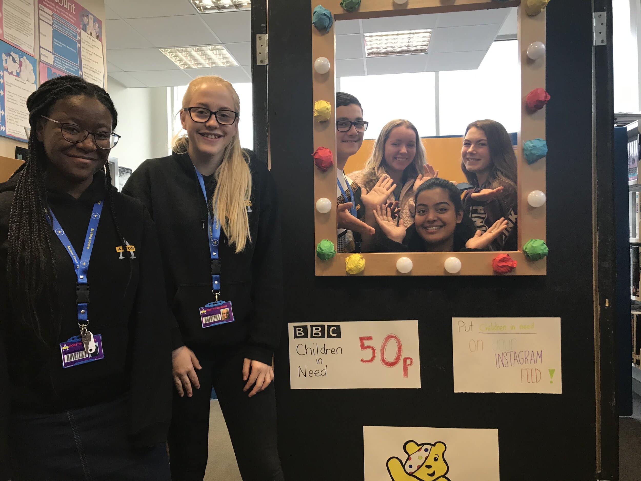 Rachel Chenganomwe, Sophie Gray, Sam Abadi, Maddison Finney, Tanya Khayer and Amy Goldson with the Aston Academy Instagram-style booth for BBC Children in Need.