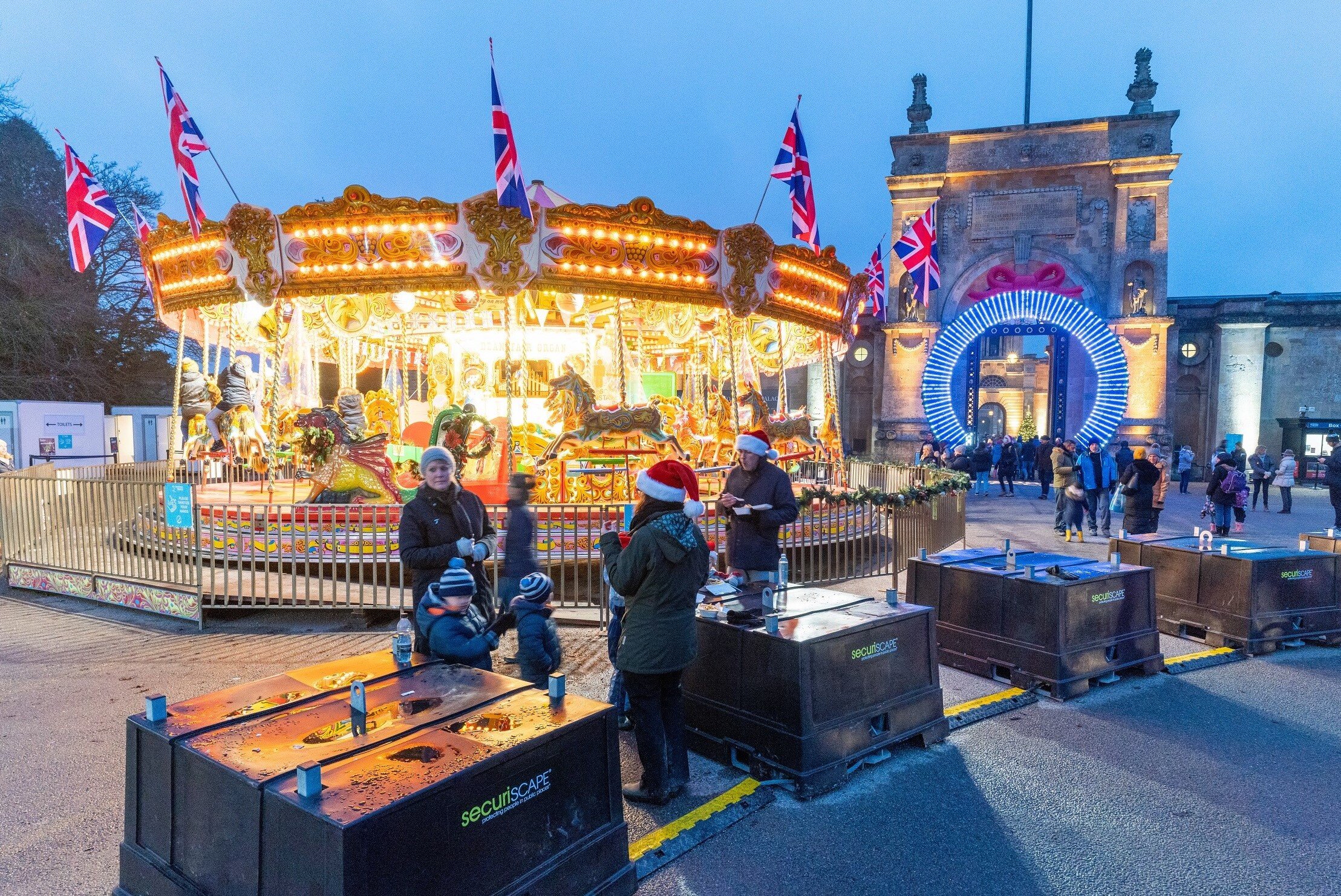 Securiscape’s SecuriPods temporary vehicle mitigation barriers have been installed to protect visitors visiting Blenheim Palace’s Christmas Lights Trail this year.