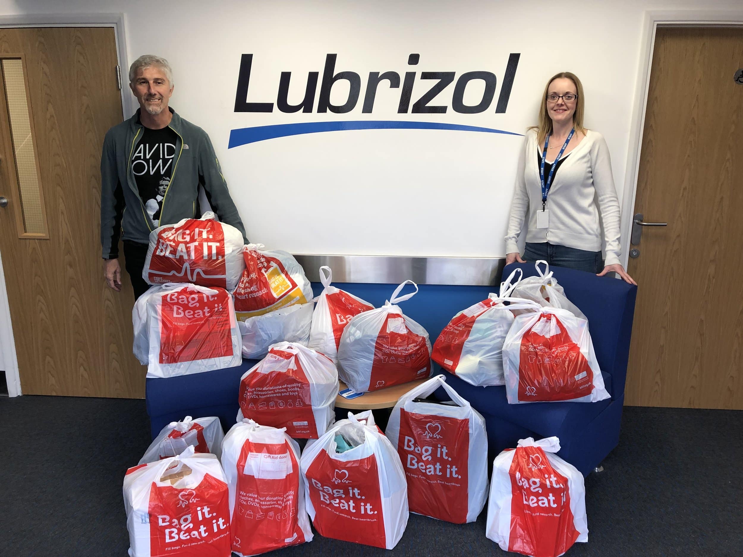Staff at Lubrizol in Barnsley with their goodies for the British Heart Foundation. Penguin PR: public relations, media and communications