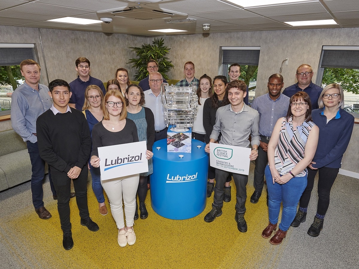 Staff at Lubrizol with a 3D model of an engine, which will form part of its display when the company appears at the British Science Festival next week. Penguin PR: public relations, media and communications