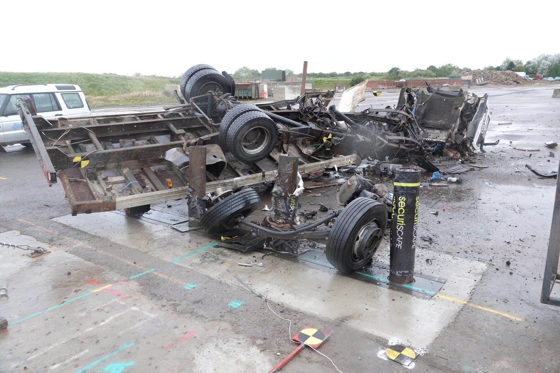 The remains of a 7.2 tonne Iveco truck which was used to test Derbyshire firm Securiscape’s Glide Bollard-40 system,  which is designed to foil ram raids and vehicle-borne terror attacks.