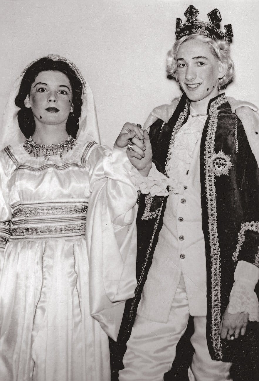 In a boys-only school, boys were required to play the female roles, not only in Shakespeare plays but in operas etc too.  Clive Wilne and Reg Fletcher, as Empress and Emperor respectively in The Emperor’s New Clothes. July 1956