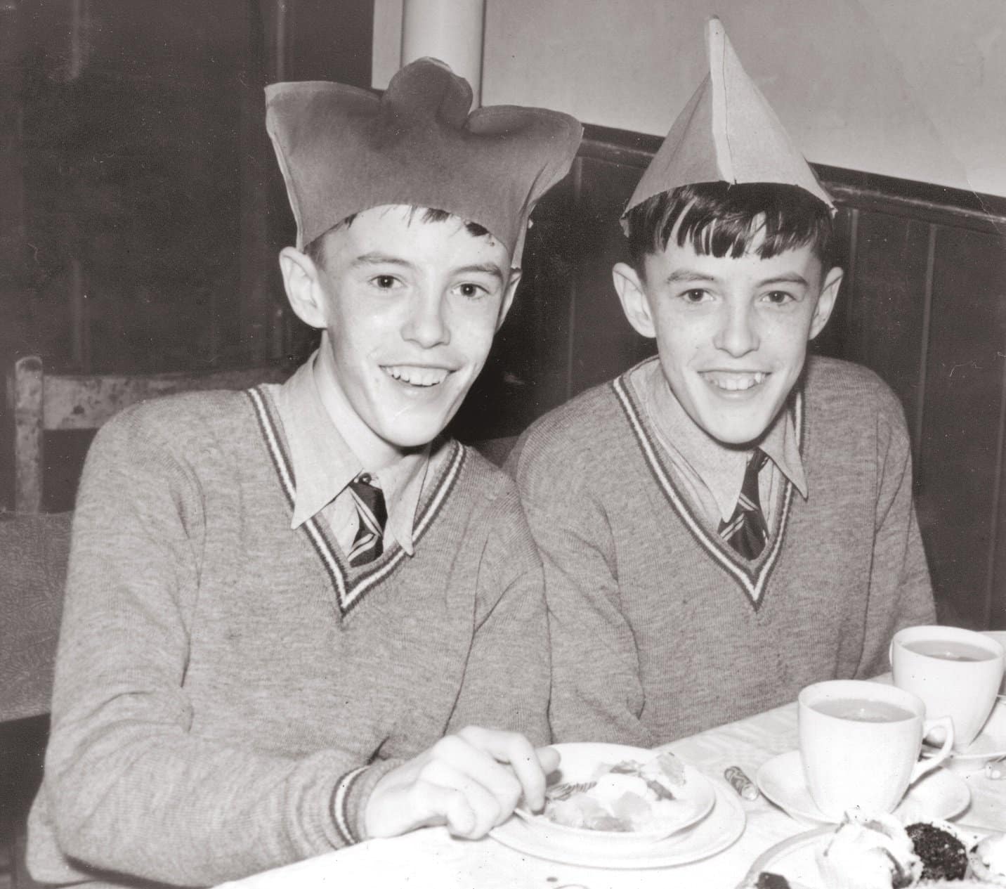 Robert Wilson with twin brother Bill, at International Combustion’s Christmas Party for workers’ children, December 1951. End of their first term at Bemrose.  This is outside school hours and off school premises, but official uniform is worn