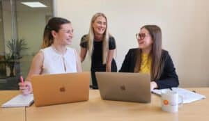 Apprentices Sophie Teece (left) and Amelia Slater (right), have joined Derby-based digital marketing firm JDR Group, where they are being mentored by former apprentice Charlotte Thornton (centre).
