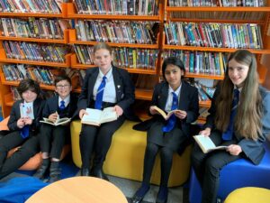 Matei Ghinescu, Harry Rutter, Florence Marshall, Maryam Eman and Evie Gaskill in Murray Park library