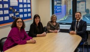 Murray Park deputy headteacher George Hagen with Lauren Derbyshire, who runs the ITTE admin and Hannah Barker, who is responsible for the DTSA website, and Deb Outhwaite, of DTSA