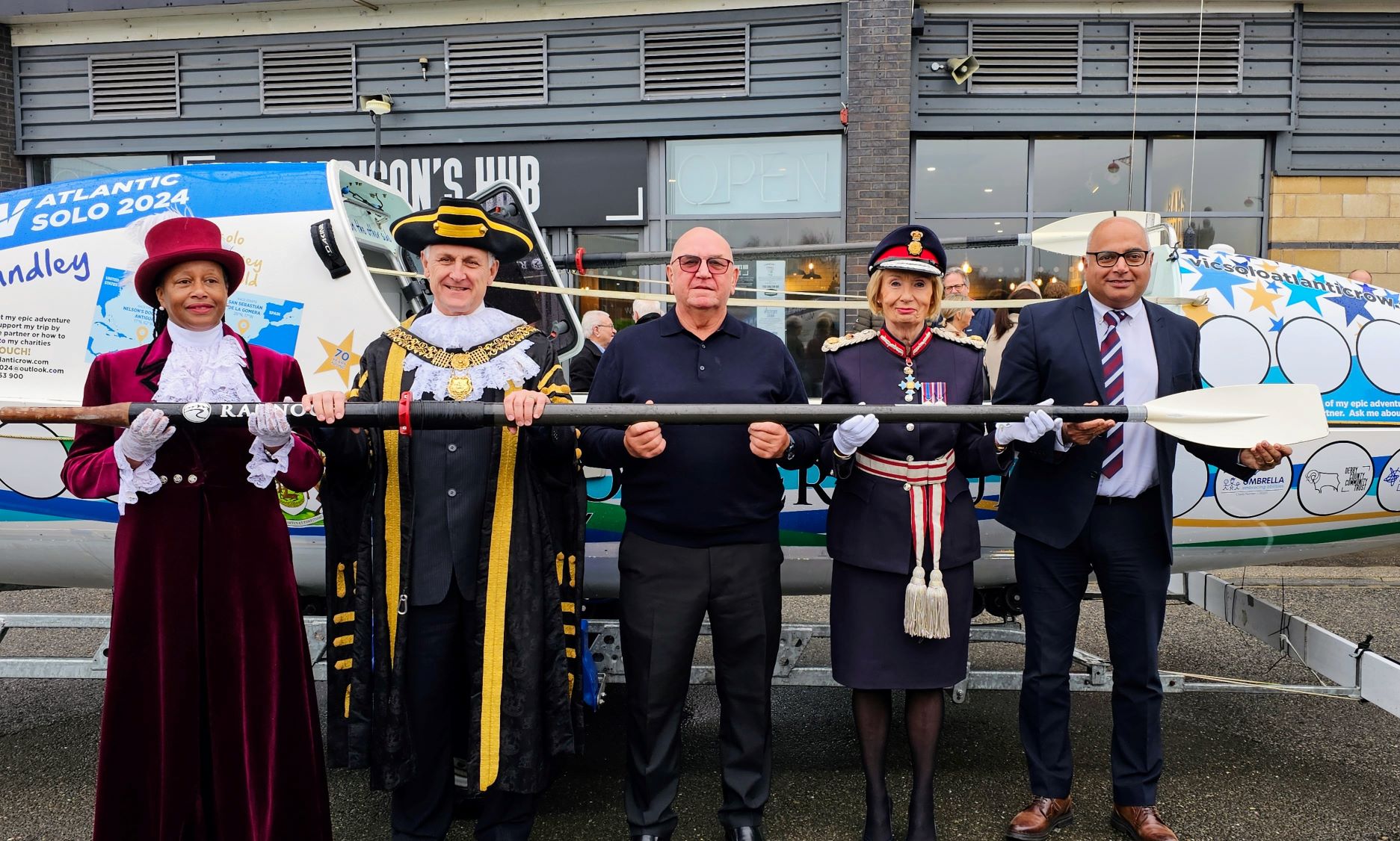 From left to right; Derbyshire High Sheriff Theresa Peltier, Derby Mayor Cllr Alan Graves, Vic Handley, Cllr Baggy Shanker, leader of Derby City Council and Lord-Lieutenant of Derbyshire Elizabeth Fothergill.