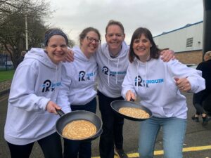 Penguin PR's Kirsty Green, Lucy Stephens, Simon Burch and Sarah Newton at the Pentaxia Pancake Race