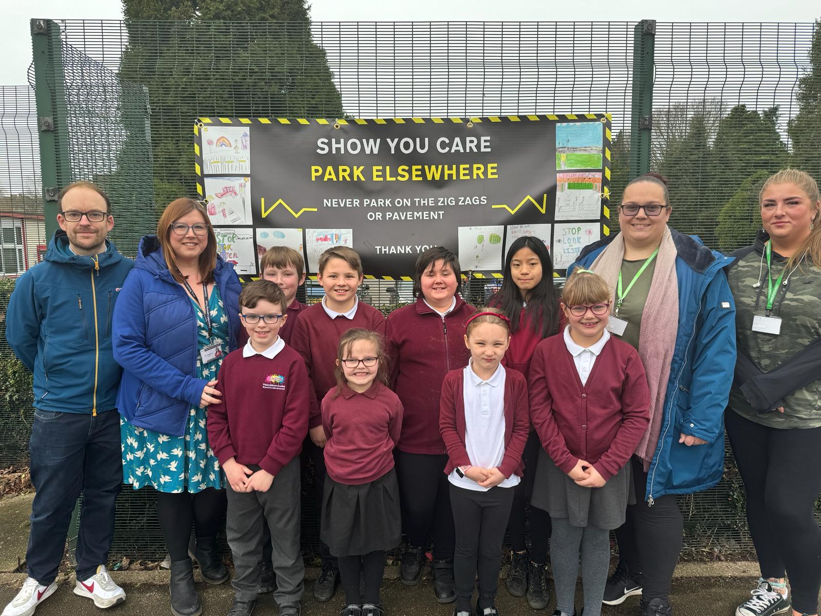 Pupils from Dunston Primary and Nursery Academy, and members of support group FODSA have joined forces against careless parking