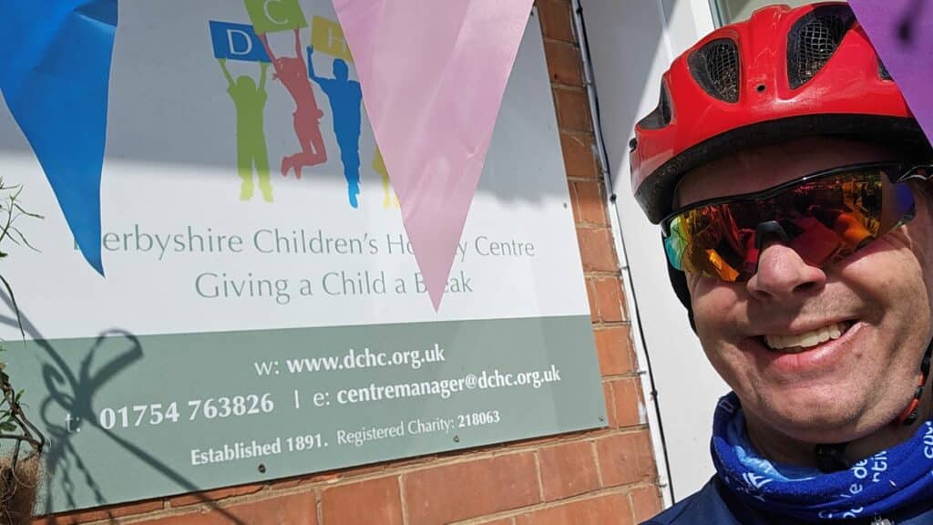 Penguin PR director Simon Burch at journey's end after completing the SkegVegas 100 miles charity bike ride in aid of Derbyshire Children's Holiday Centre and Derby Kids Camp.