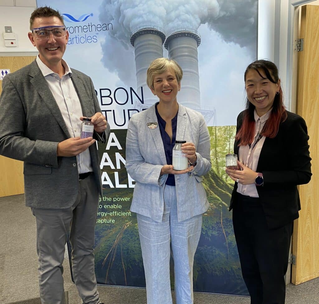 From left, James Stephenson, chief executive officer at Promethean Particles, Lilian Greenwood, MP for Nottingham South and Selina Ambrose, product manager at Promethean Particles.