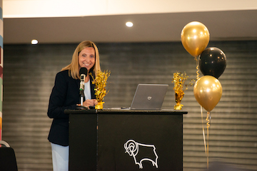 Murray Park headteacher Nicola Caley delievry a speech at the Pride Awards, held at Pride Park Stadium