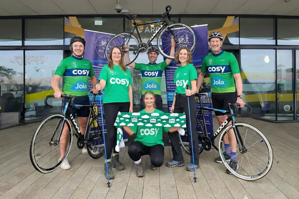 Participants outside Derby Arena for the Cosy Bike and Hike charity challenge in Derbyshire