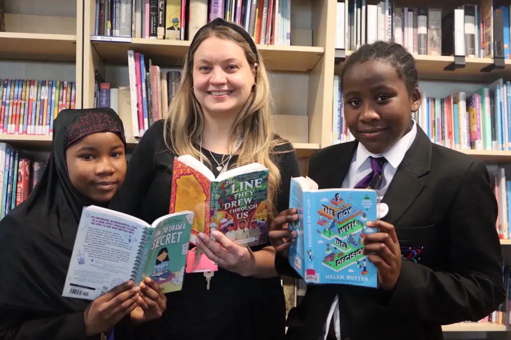 Pupils from The Bemrose School with English teacher and literacy lead, Anna Bloor