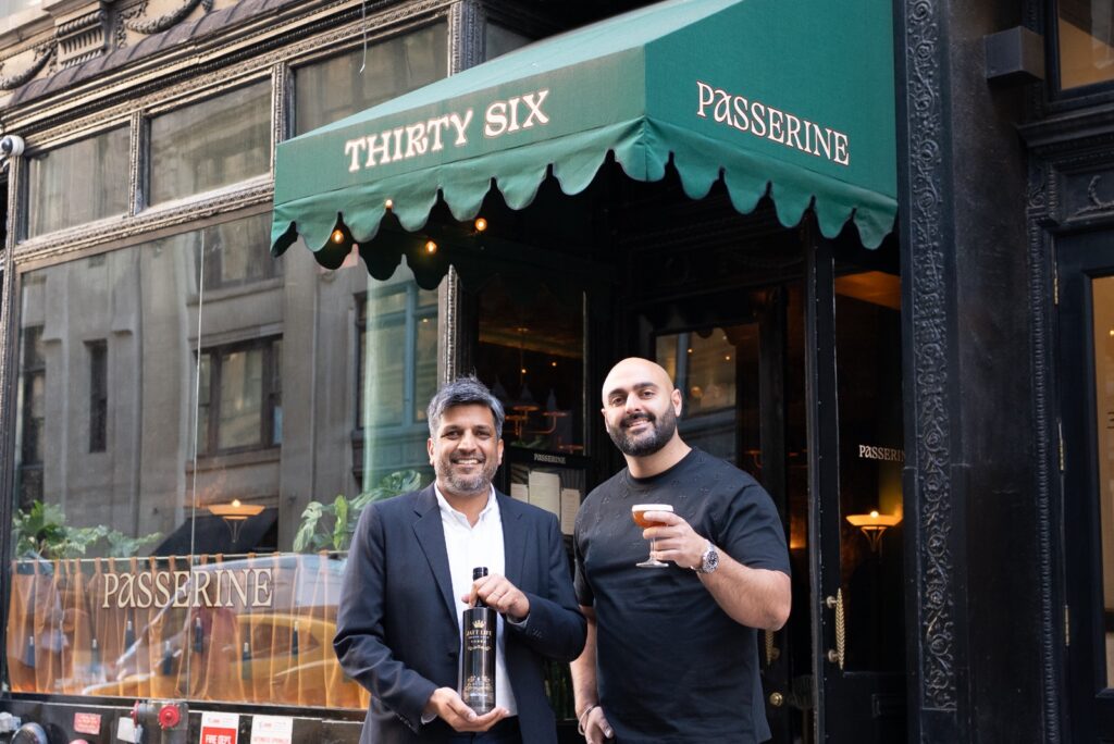 Baz Kooner, right, founder of UK premium vodka brand Jatt Life, with Maneesh K. Goyal, owner of Passerine restaurant, New York, and its new noor chai martini, the latest edition to its famous pre-meal cocktail menu.