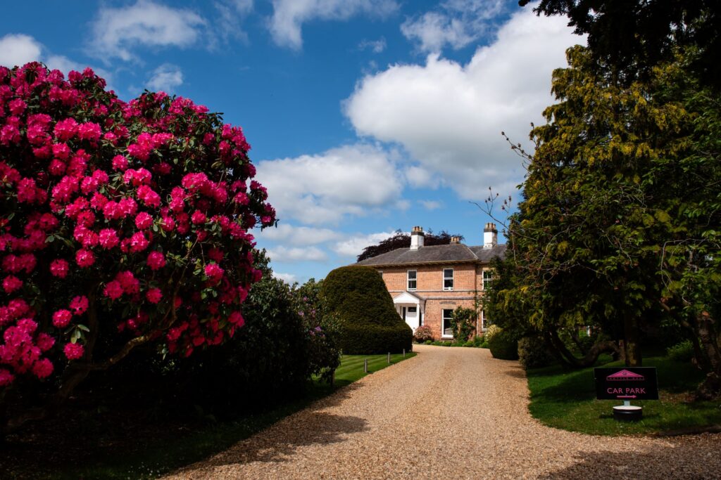A driveway lined with mature trees and vibrant pink rhododendrons leads to Shottle Hall under a bright blue sky with scattered clouds.