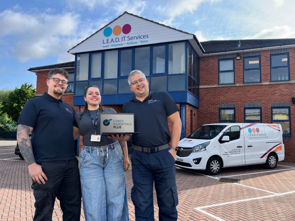 Jamie Quinn, IT Field Technician; Keara Potter, Casual Field Technician and Joe Galiszewski, IT Field Technician with L.E.A.D. IT Services’ Cyber Essentials Plus certification outside L.E.A.D. IT Services’ offices in Pride Park