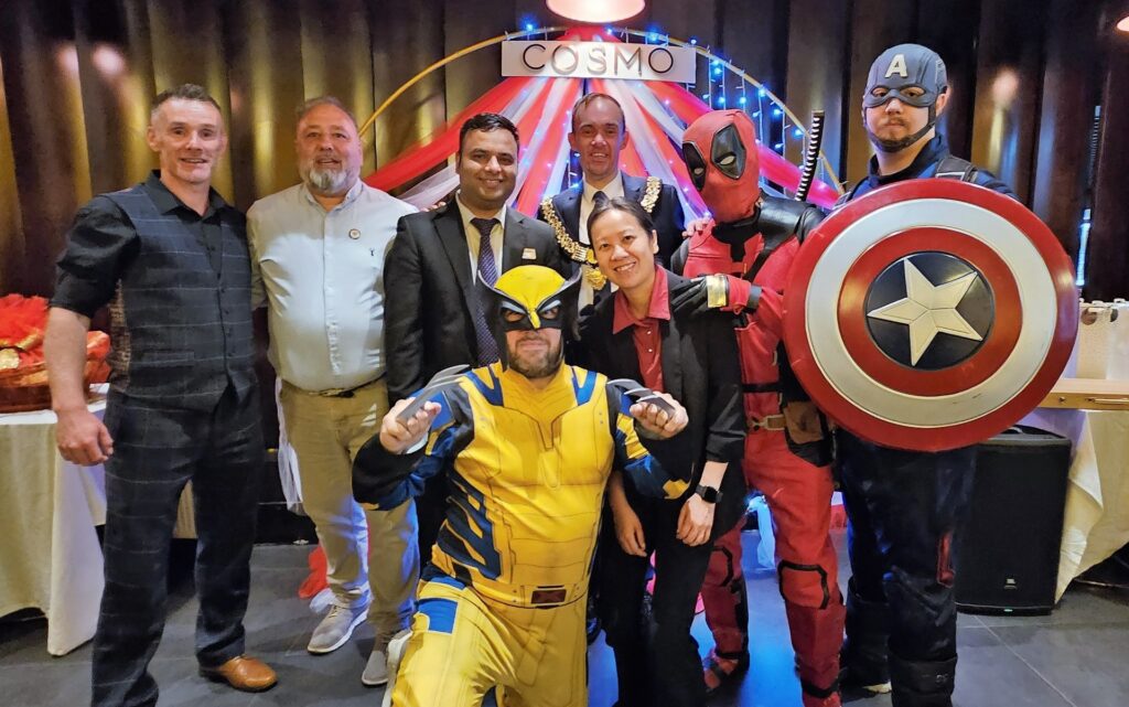 (l to r):  Neil Ainslie, Michael Walsh, managing director of BK3 training; Sid Panday, manager of COSMO Derby; The Mayor Derby, Councillor Jonathan Smale; Mandy Lei, regional manager for COSMO